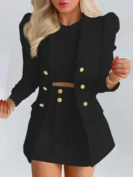 Fashion Women's Summer  Long Sleeve Office Lady Jacket with Mini Skirt 2024 Two-piece Suit Solid Color Blazer and Skirt Sets