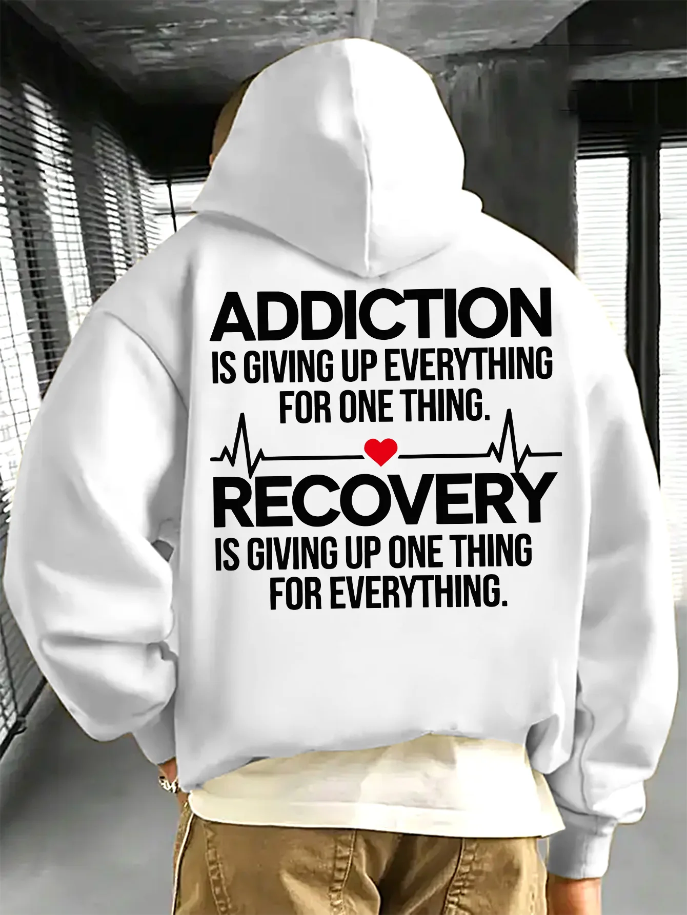 Men's Inspirational Recovery Hoodie Hip Hop Sports Streetwear Addiction Quote Print Casual Loose Pullover Sweatshirt Tops