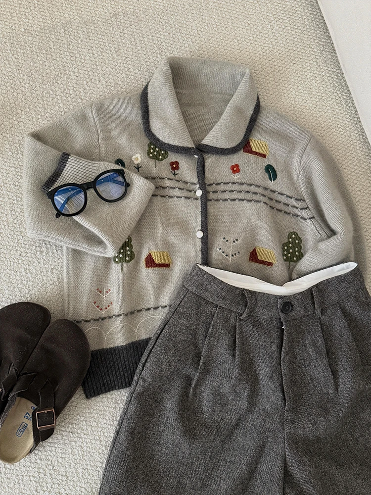 

Soft Floral Embroidery Sweater Women's Autumn Winter Open Cardigan Lazy Sle Country Fren Versatile Outerwear Coat