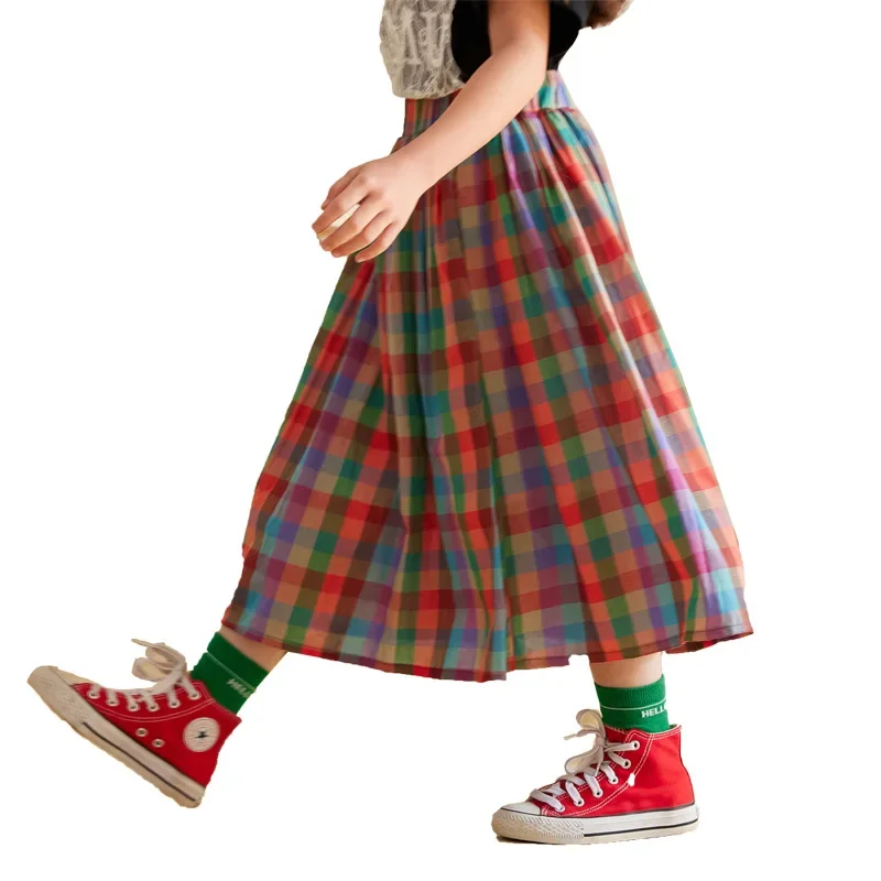 เด็กวัยรุ่นกระโปรงยาวผ้าฝ้ายสายรุ้งกระโปรงลายสก๊อตสําหรับสาวฤดูใบไม้ผลิฤดูร้อนสบายๆทุกวันเรียบง่ายกระโปรงอเนกประสงค์ 6 8 10 12 ปี