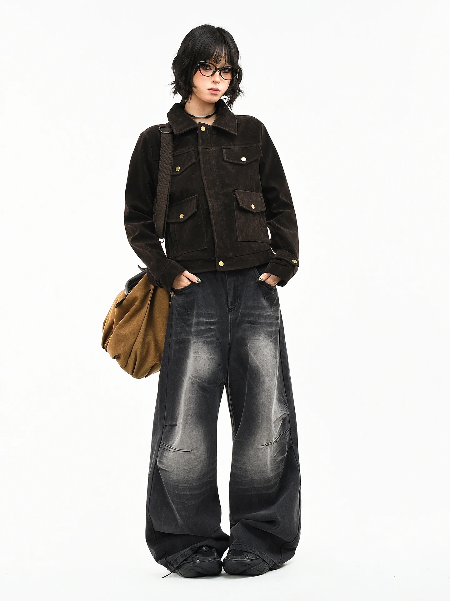 OV オリジナルアメリカンレトロレザーベルベットマルチポケットシャツカラージャケット女性春スリムフィットショートコートトップファッション