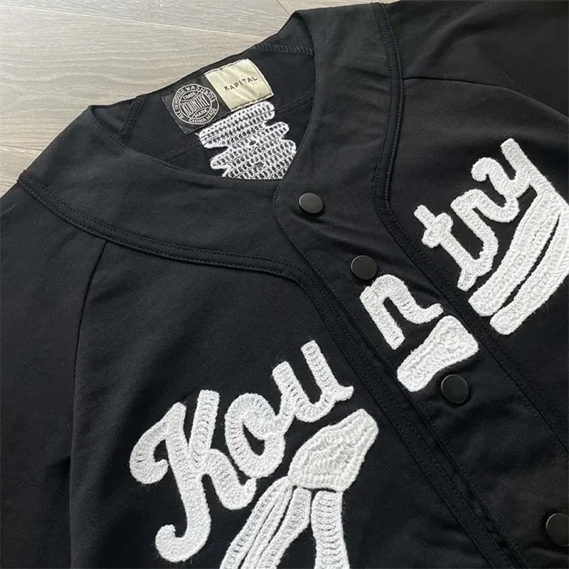 24ss Oversized Kapital Black Shirt Men Women 1:1 Best Quality Bone Embroidery Letter Baseball Short Sleeve Shirts