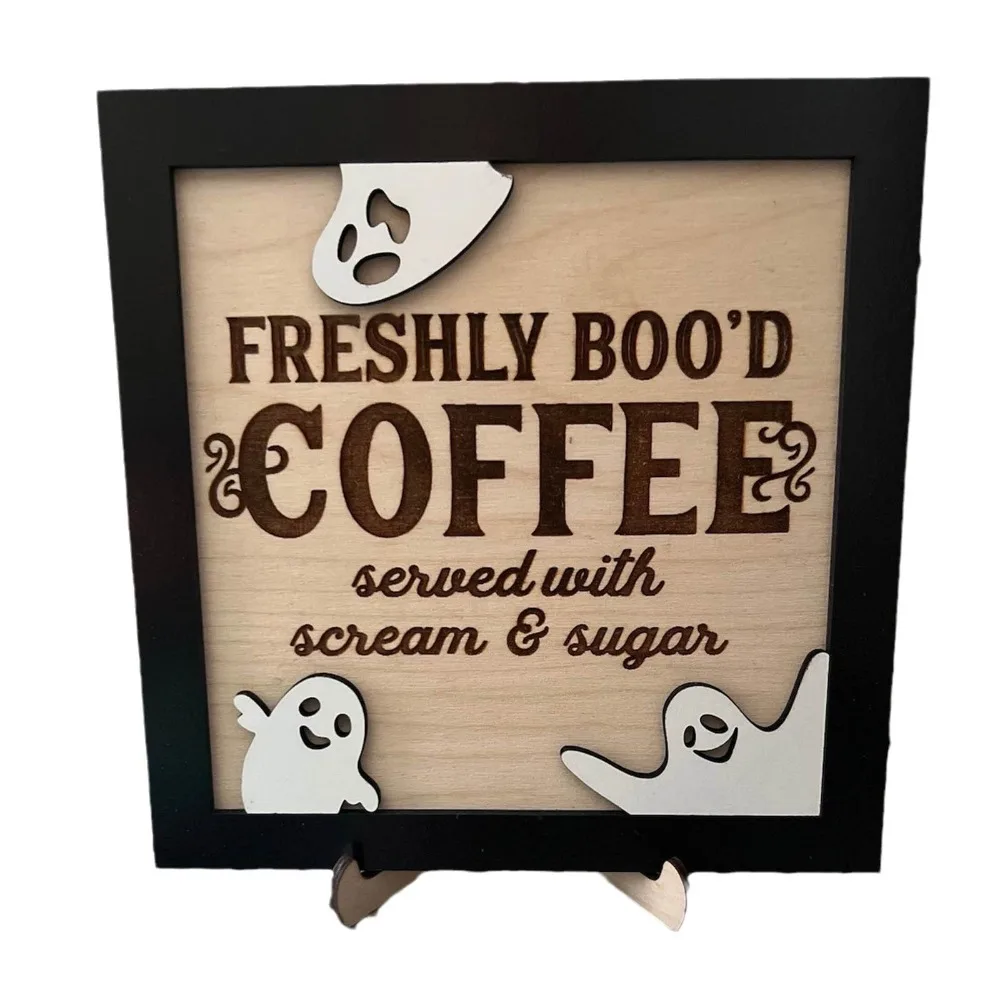 Funny Wooden Ghostly Ornament Sign Freshly Boo'd Coffee Coffee Sign Desktop Plaque 3D Double-Layered Halloween Decor Halloween