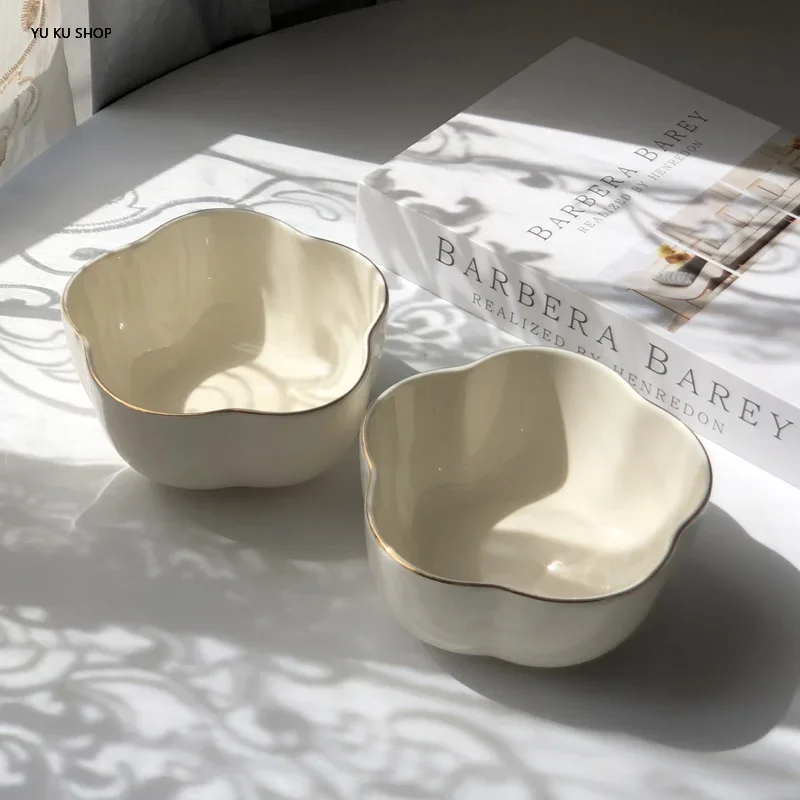 Ceramic Breakfast Bowl White Gold Border Bowl Dish Cute Plate Set Household Dishes Desserts Tableware Underglaze 4.7 Inch