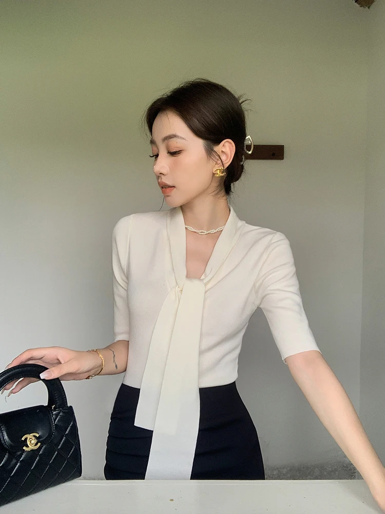 

Ele Secretary Sle Knitted Sweater with Tie V-Ne Mid-Sve Autumn Winter Polyester Fiber Slim Fit Korean Version