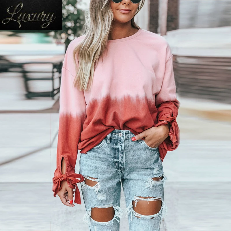 

Women Autumn Long Sleeve Pullovers Casual Gradient Color Sweatshirt Shirt Ladies O Neck Lace Up Blusa Tops