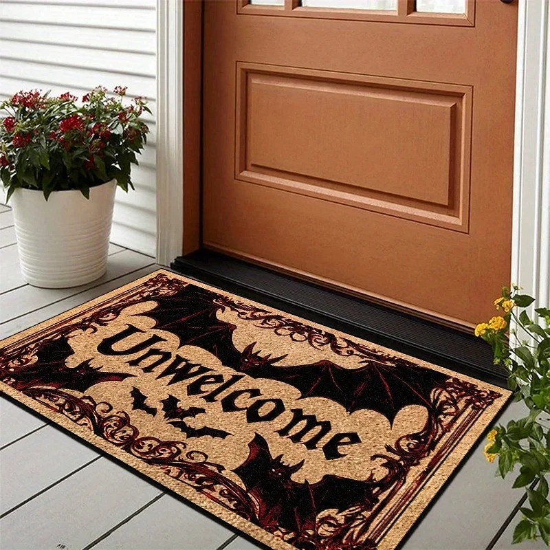 VIKAMA سجادة باب الهالوين مع خفاش للباب الأمامي ممسحة مخيفة للاستخدام الداخلي والخارجي مع نمط غير ترحيب مدخل الشرفة ديكور المنزل