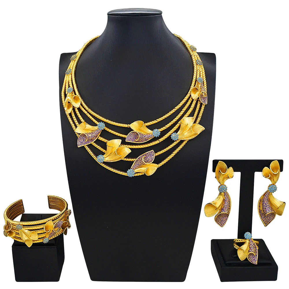 4Pcs Gold Plated Flower CZ Jewelry Set Purple & Blue CZ Multi-Layer Necklace Earrings Bracelet Ring American Diamond Style