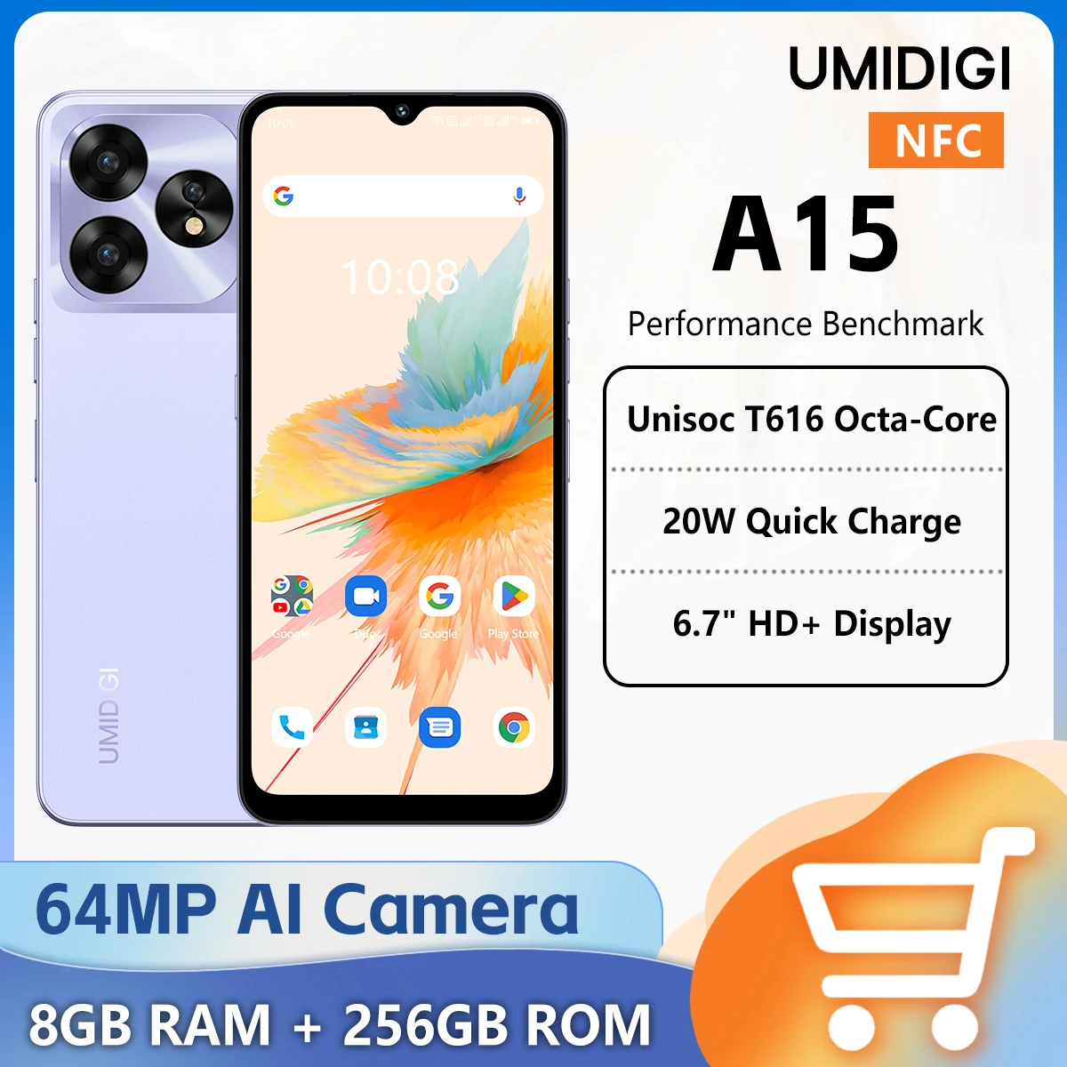 Umidigi a15 Smartphone nfc Android 13 6.7 "HD-Bildschirm 8GB 256g 64MP Kamera 5000mAh Akku 20W Schnell ladegerät