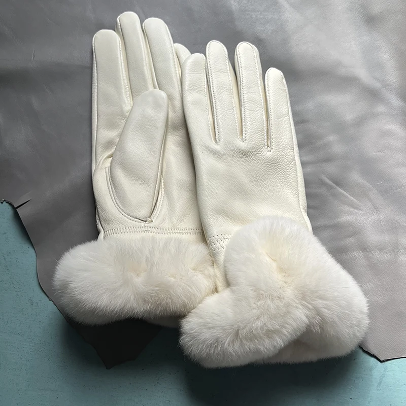 Autumn winter women's genuine leather gloves 100% real rex rabbit fur genuine sheepskin mittens black red blue pink