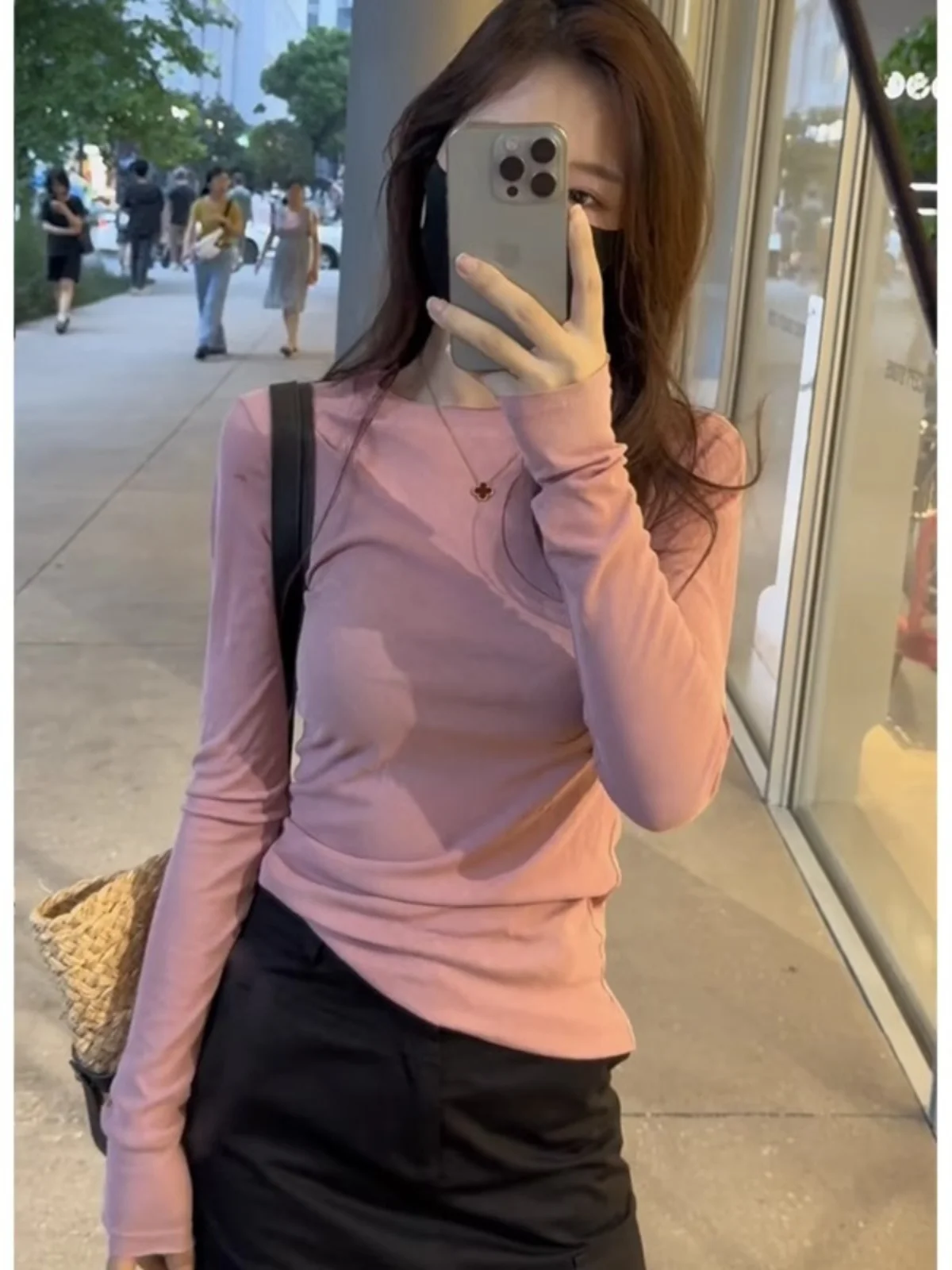 

Slim Fit Long Sleeve Thin T-Shirt Women's Fashion Basic Color Top Commute Style round Neck Pullover Knittedwear