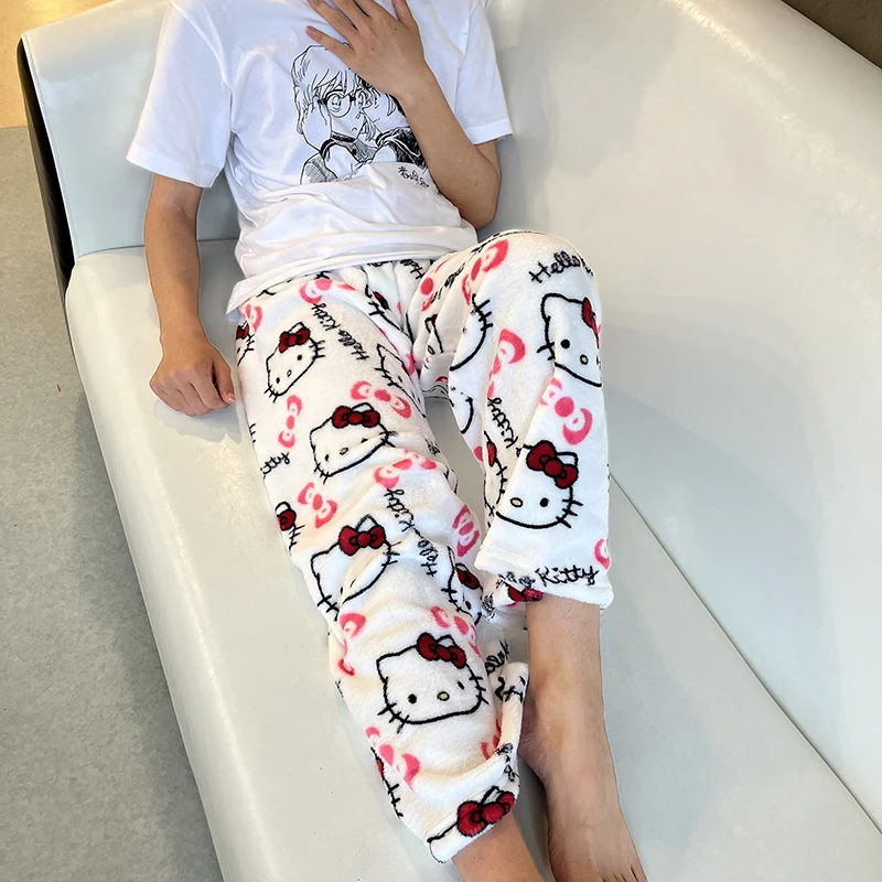 Sanrio Hello Kitty Pajamas Black Anime Flannel Women Warm Woolen Whitecartoon Casual Home Pants Autumn Fashion Trousers Gifts