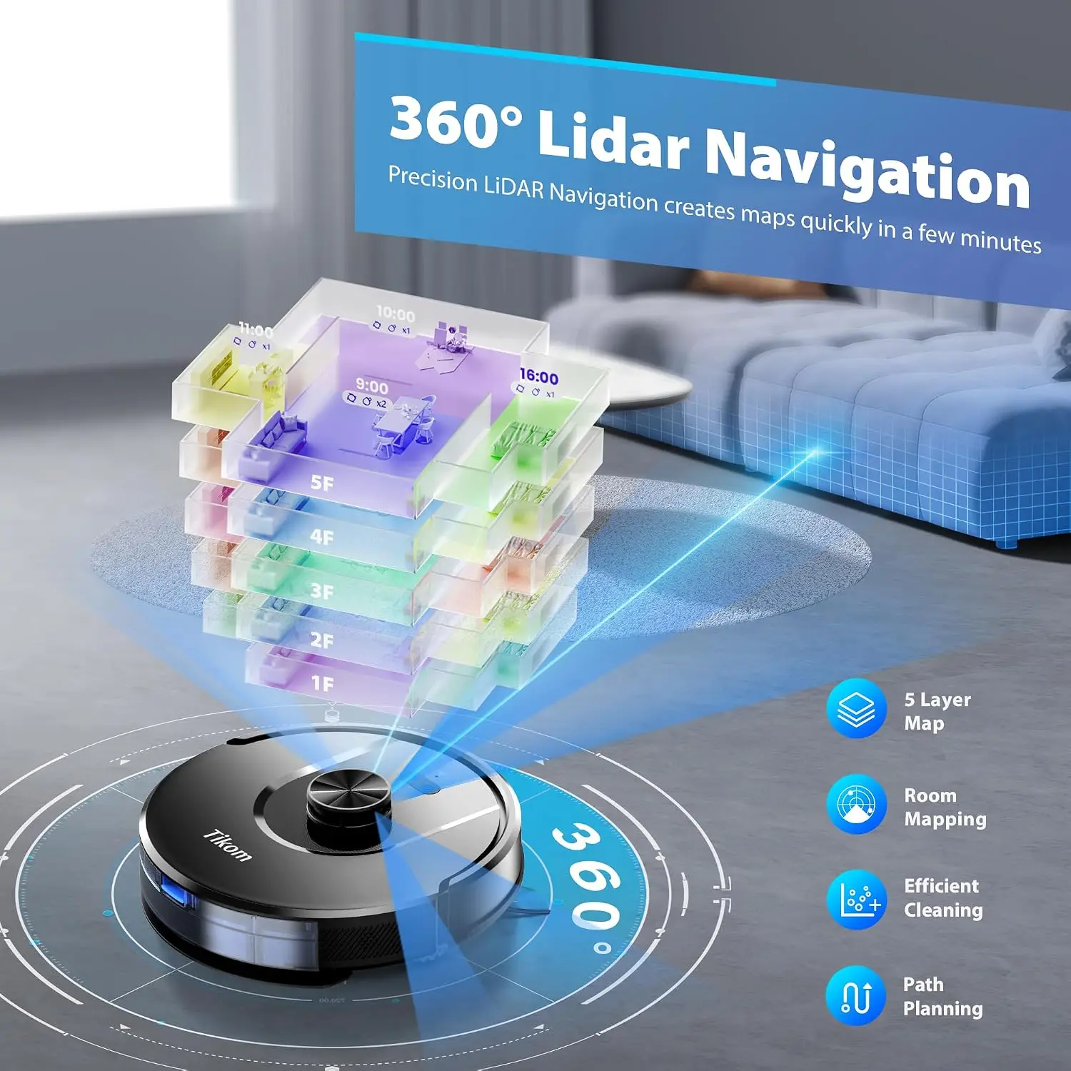 ^For Robot Vacuum and Mop Combo, 6000Pa Automatic Robotic Vacuum Cleaner, Smart Mapping, 150 Min Max, Ideal for Pet Hair