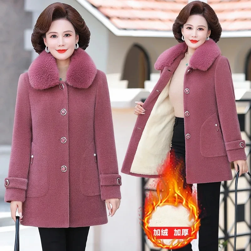 Winter Velvet Faux Mink Fur Jacket New Fashion Fur Collar Mid Long Woolen Coat Middle Aged Women Cotton Padded Jacket Outerwear