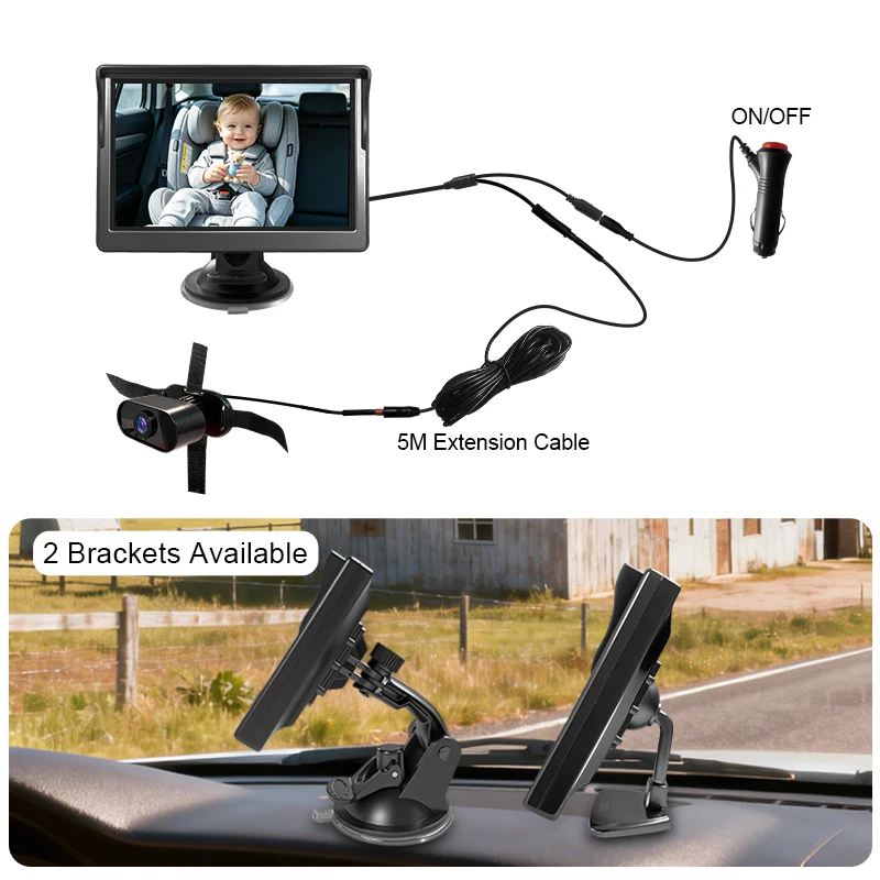 Plug and Play Easy Setup 5 Inch HD Car Baby Monitor 360°  Rotatable Lens Rear Facing Infant Car Camera for Baby Newborns Pets