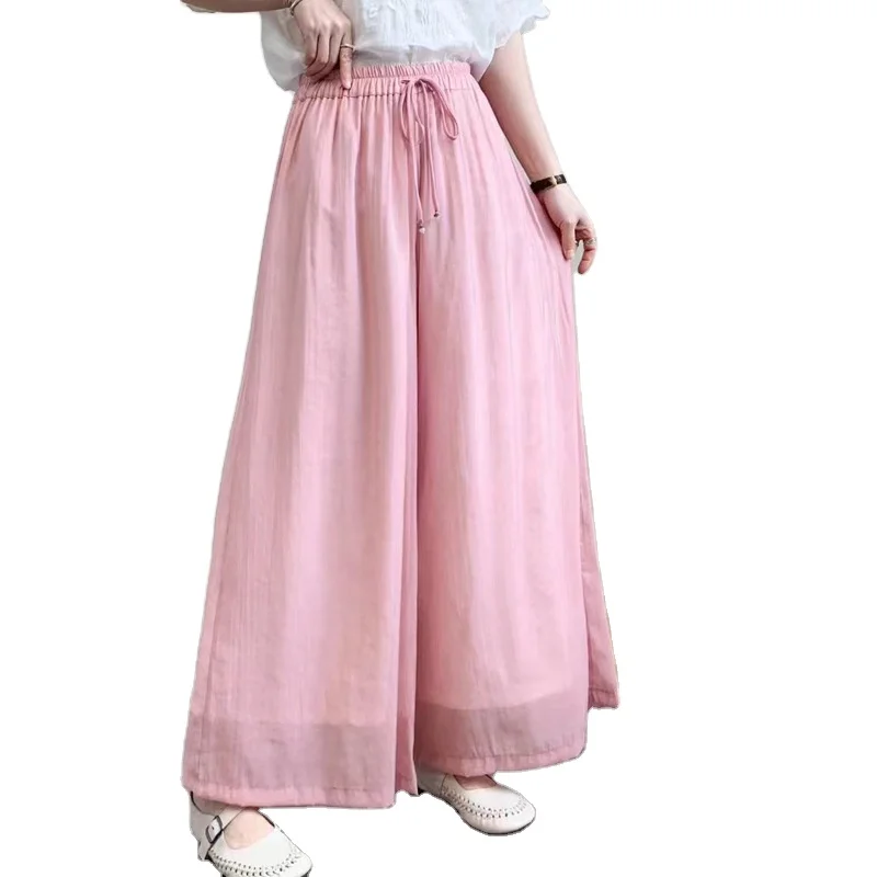 

Women's Elegant Simple Literary Nine-Point Pants High Pure Color Silk Hemp Double Loose Fit Casual Street Holiday-Summer Fashion