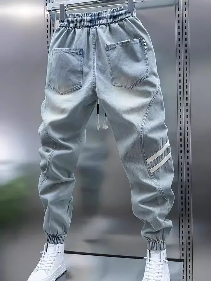 Men's Summer Slim Fit Casual Jeans Light Blue Elastic Waist Loose Leggings mid Waist Zipper Decorated Harajuku Sle Loose Fit