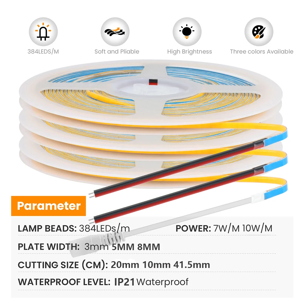 12V 24V 3mm 5mm PCB COB LED Strip Light 384LED/m 2Pin Wire/DC Plug High Density Linear Lighting 3000K 4000K 6000K 8mm Flex Tape