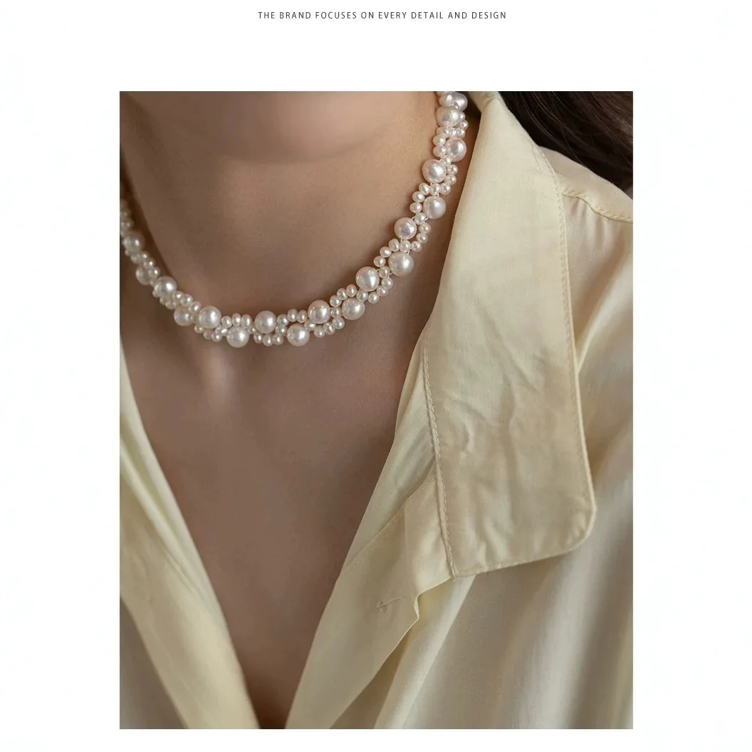 اليدوية لؤلؤ بحر الجنوب 925 الفضة زنبق قلادة الترقوة سلسلة خمر مزدوجة الطبقات شكل الأرز فتاة جميلة