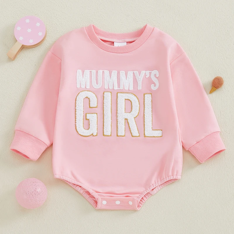 

Baby Girl Sweatshirt Romper Long Sleeve Crew Neck Letter Embroidery Bodysuit Fall Outfit