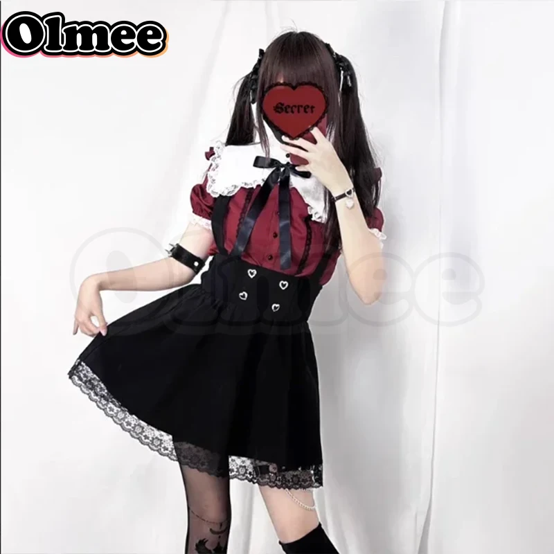 [Olmee] In Stock Red Jirai Kei Lace T Shirt Ame chan Cosplay Sweet Ryousan Gata Lolita Mine Style y2k Needy Girl Overdose