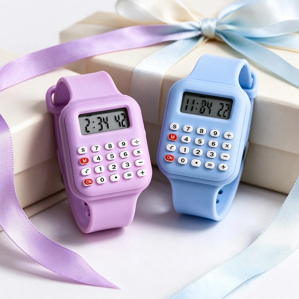 Student Calculator Kids Watches 2 in 1 Time & Calculator Function Soft Silicone Strap Portable Math Learning Watch Boys Girls