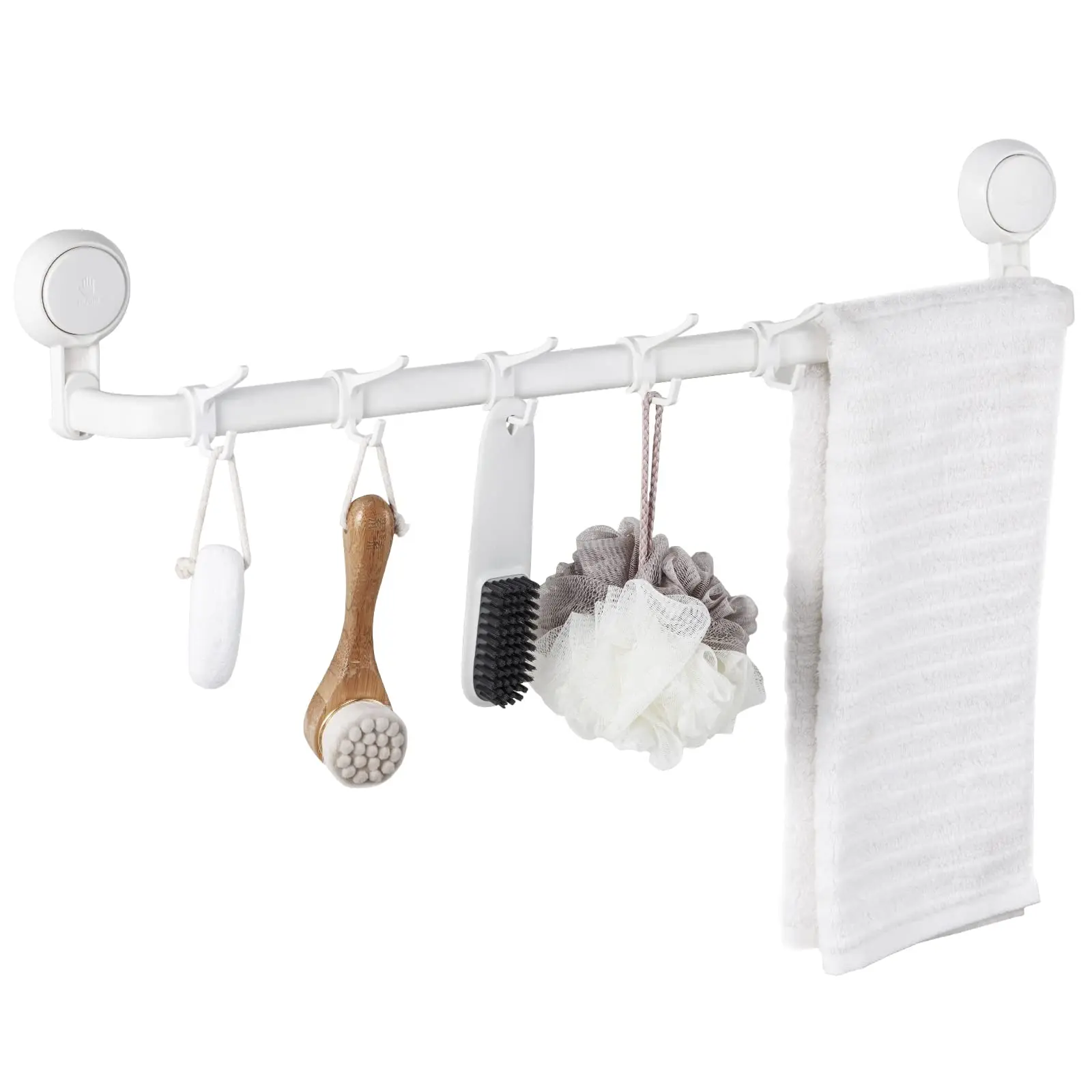 TAILI Shower Hanging Towel Bar with 5 Hooks, Drill-Free Suction Cup Towel Rack Wall Mounted Removable Towel Holder for Bathroom