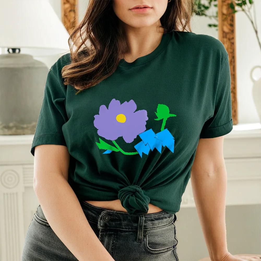 

Little Purple Flower Fresh Minimalist Style Hand - Drawn Cartoon Pattern Printed Pure Cotton Short Sleeve Dopamine Summer Girls