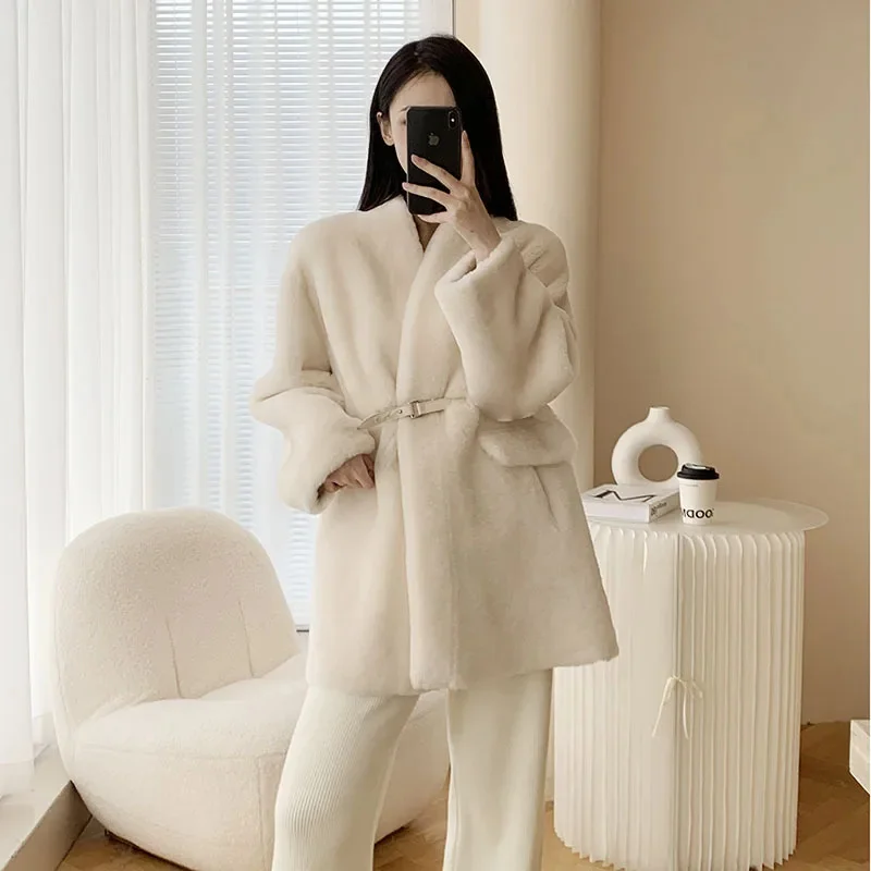 Winter Mid length Fur Coat Sheepskin Wool Lntegrated Waist Slim V-neck Lamb Hair Outdoor Travel Work Lady Business Attire