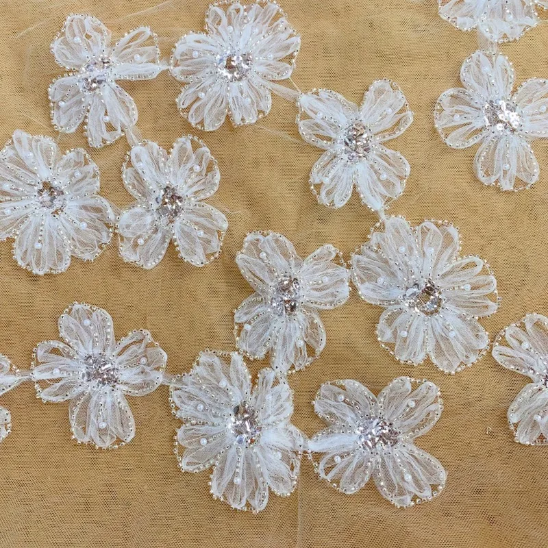 Heavy Beaded Lace Fabric Floral Ribbon Flower Embroidery Tulle Veil Trim Sewing Accessories Set