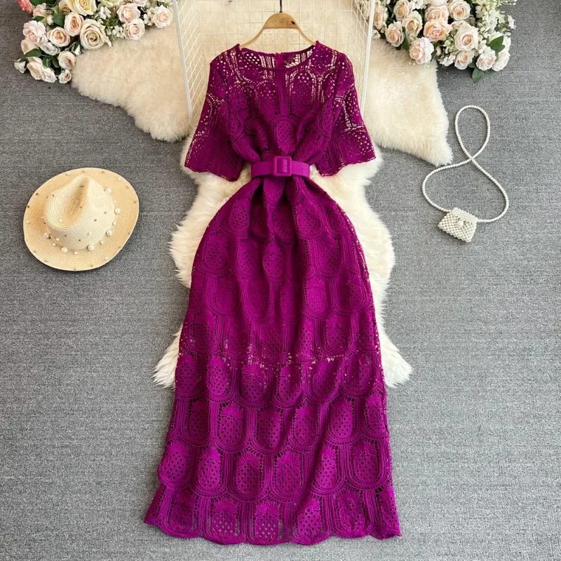 Vintage Purple Hollow Lace Party Maxi Dress Female Elegant Red White Round Neck Short Sleeves Slim Robe New Fashion Summer Women