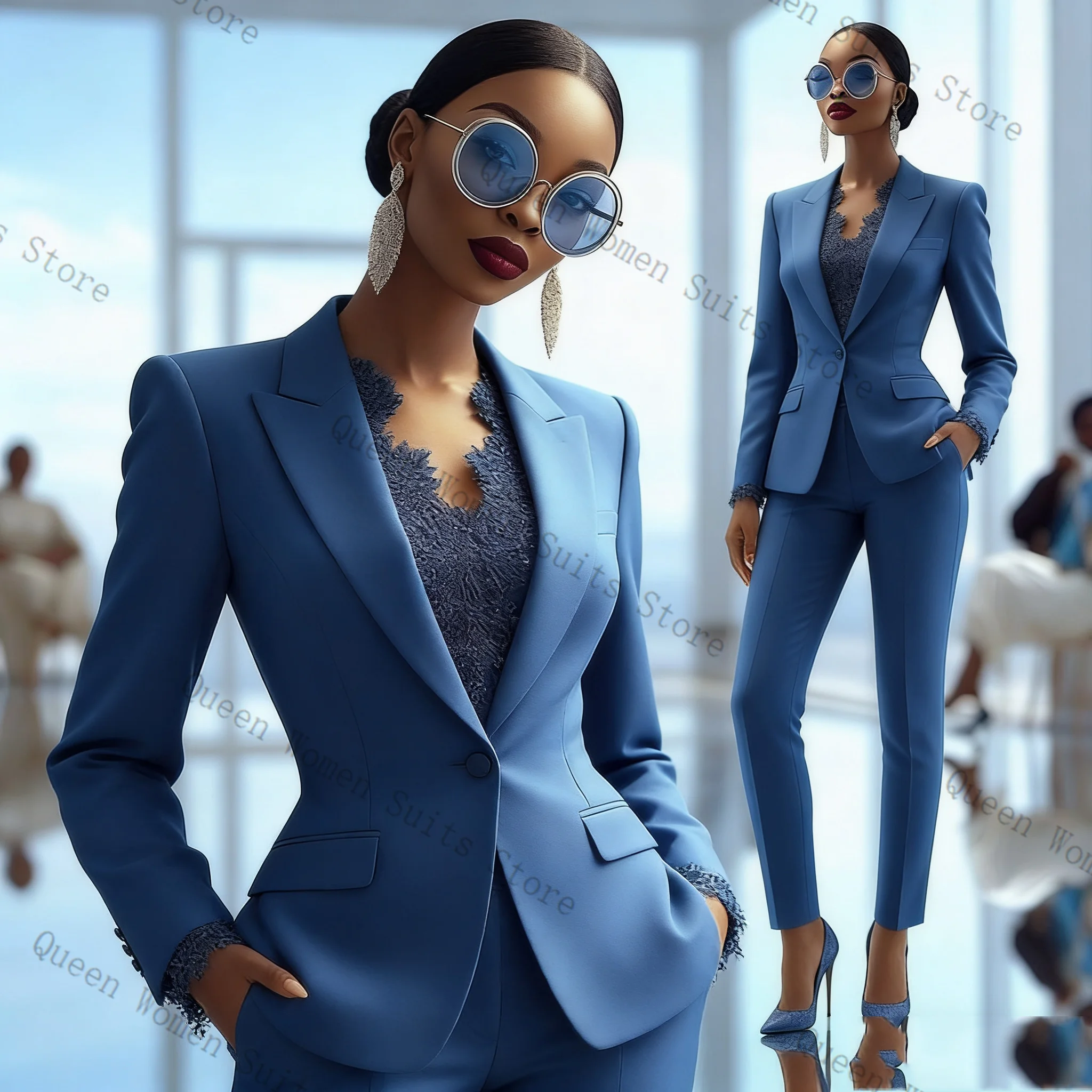 

Blue Women Suit Set 2 Pcs Blazer Pants Trousers Cotton Outfit Prom Formal Office Lady Jacket Wedding Coat Customized