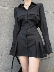 HOUZHOU Vestido camisero negro para mujer, elegante vestido Vintage de manga larga, ropa de calle plisada gótica Sexy, bata informal con cuello vuelto