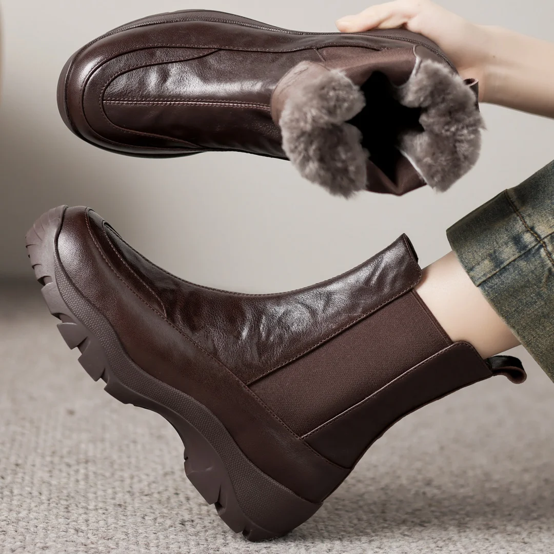المرأة جلد الغنم نسيج مرن خليط الصوف داخل الانزلاق على الخريف الكاحل الثلوج الأحذية 4.5 سنتيمتر سميكة وحيد منصة الشقق الجوارب