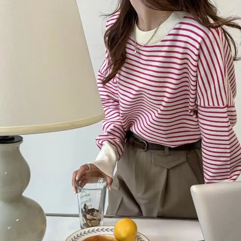 

OCEANLOVE женские свитера в полоску, осень-зима, корейская мода, шикарные пуловеры в консервативном стиле, простые винтажные пуловеры с круглым вырезом, Femme