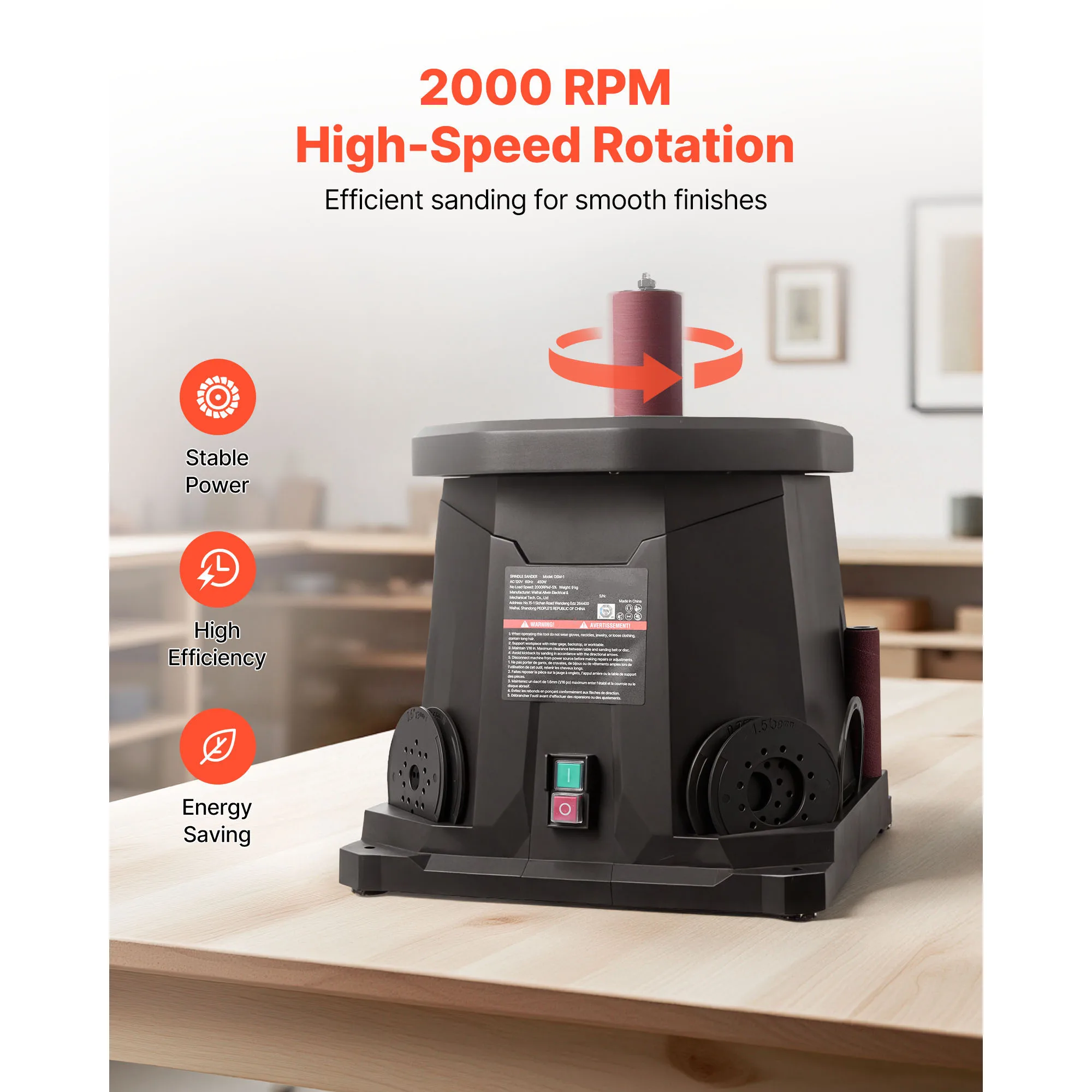 Oscillating Spindle Sander, 2000RPM Benchtop Spindle Sander with 6 Sleeves (1/2