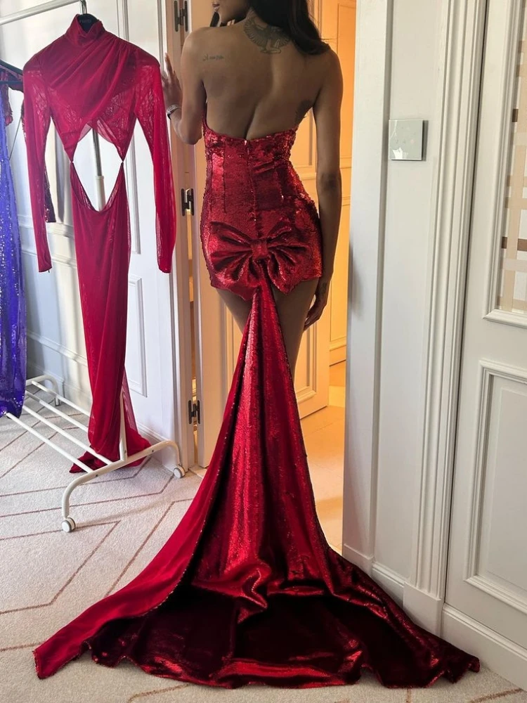 open lace back dress AEILA BOW BACKLESS SPLIT DRESS-RED – Aclosy main image 0