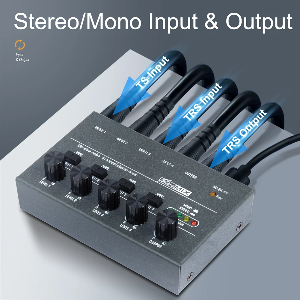 4/6/8 Channels Line Mixer Ultra Low Noise TYPE-C 5V 2A Mini Sound Mixer Easy Bass Mixer with Separate Volume Controls