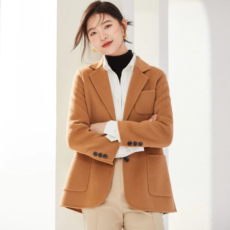 

New Double-Sided Wool Coat for Women Korean Style Short Blazer 100% Pure Wool Slim Fit Single-Breasted Multi-Pocket Jacket