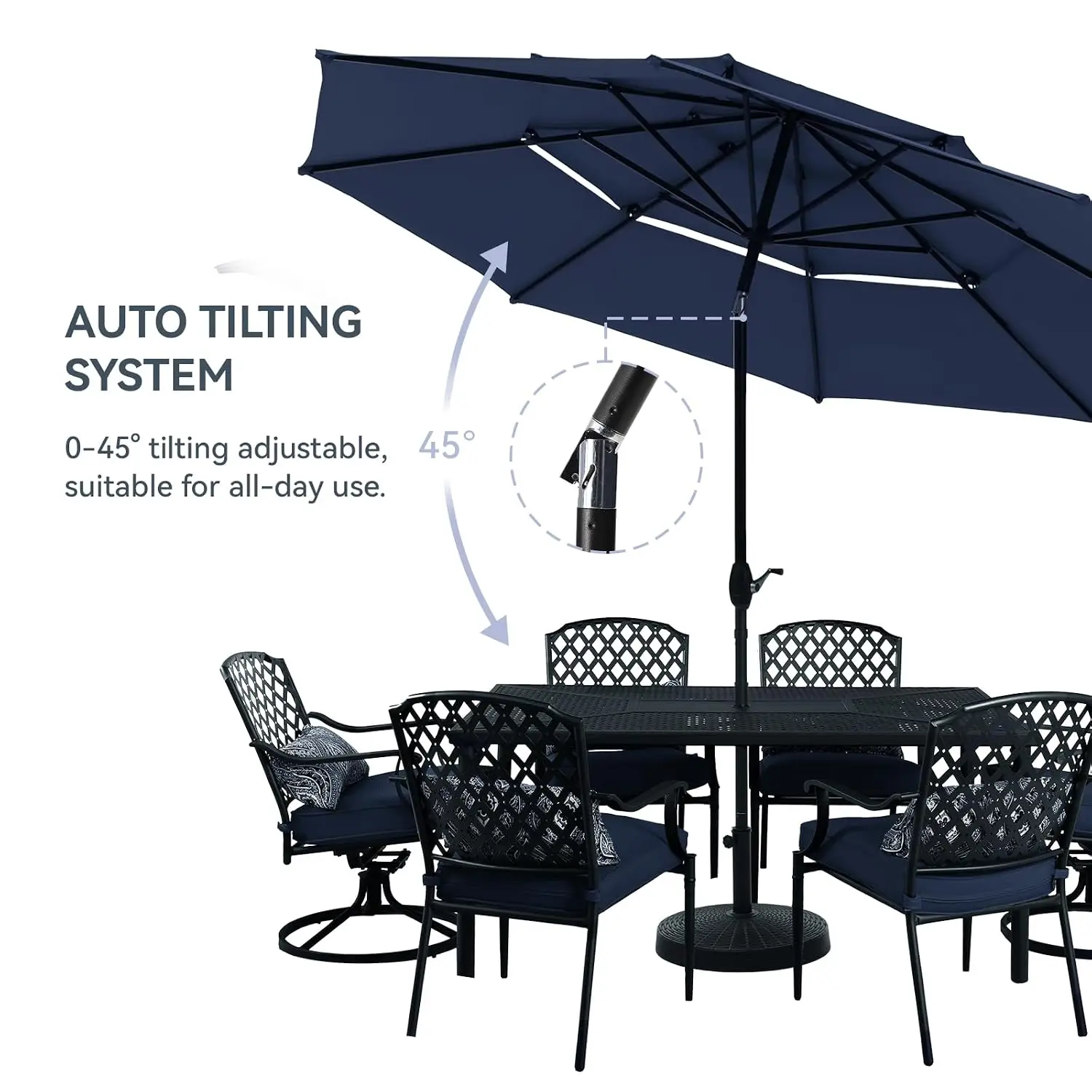 10 ft Outdoor Patio Umbrella, Market Table Umbrellas, Navy Blue | Auto-Tilt, 3-Tier Vent, UPF 50+ UV Protection,Customized