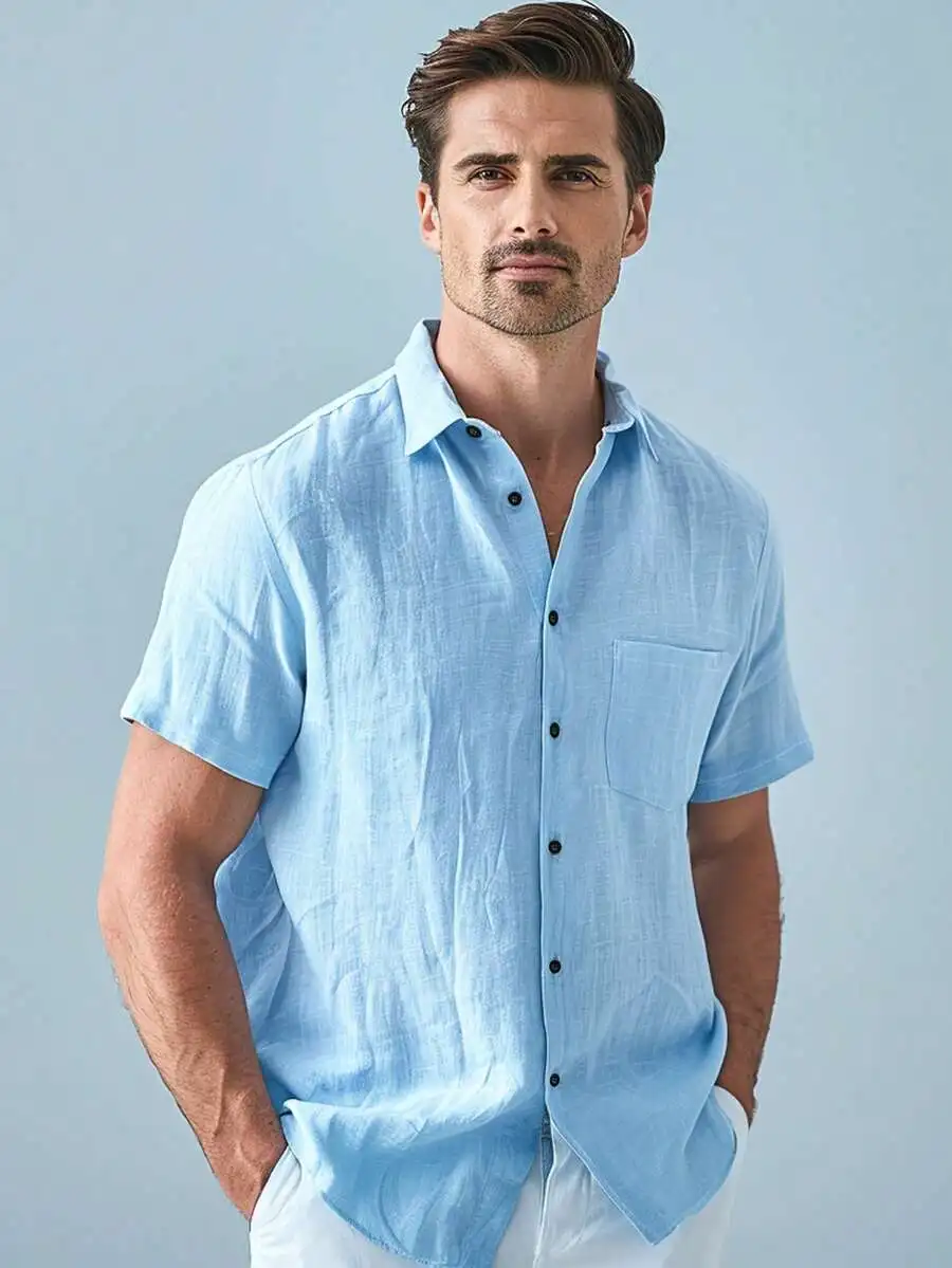 

Men's Light Blue Solid Short Sleeve Linen Casual Shirt for Beach & Daily Wear