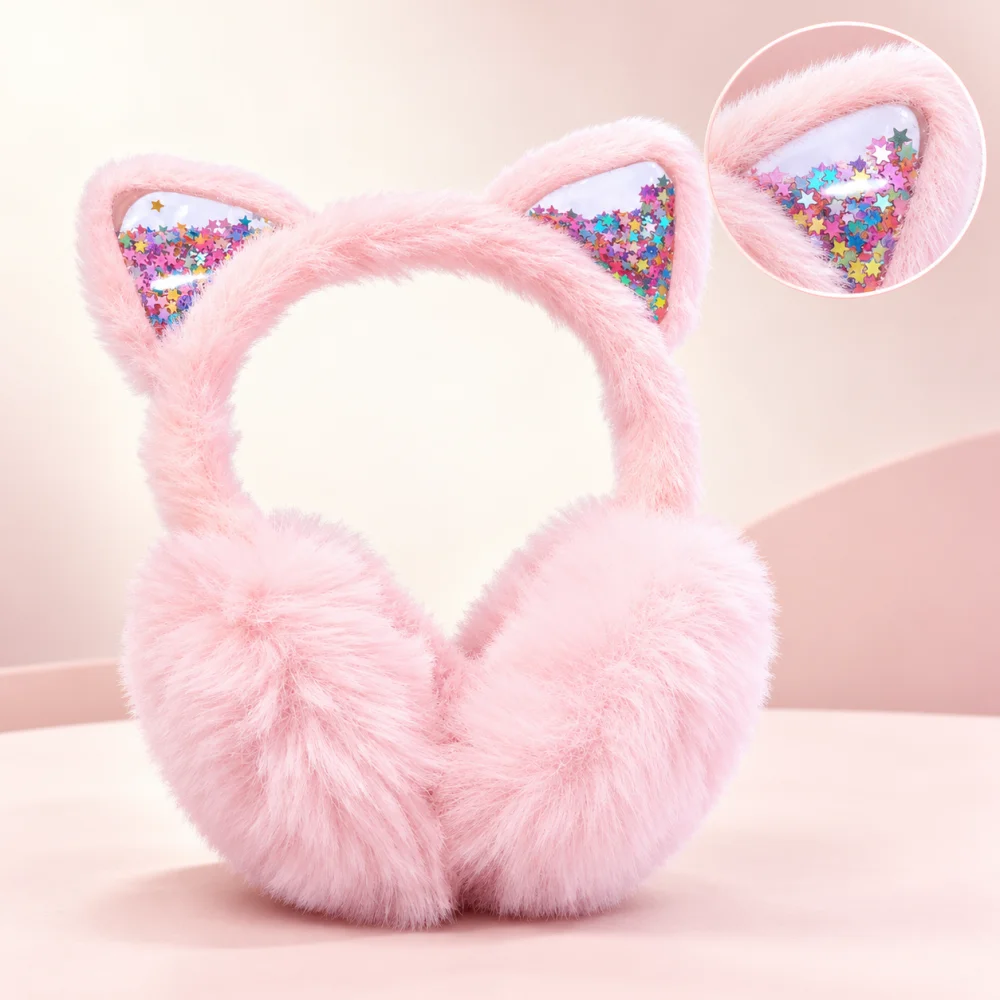 Girls Kids Pink Cat Ear Plush Ear Muffs Earmuffs Headband with Colorful Star Sequins Cute Winter Outdoor Dress Up Accessory