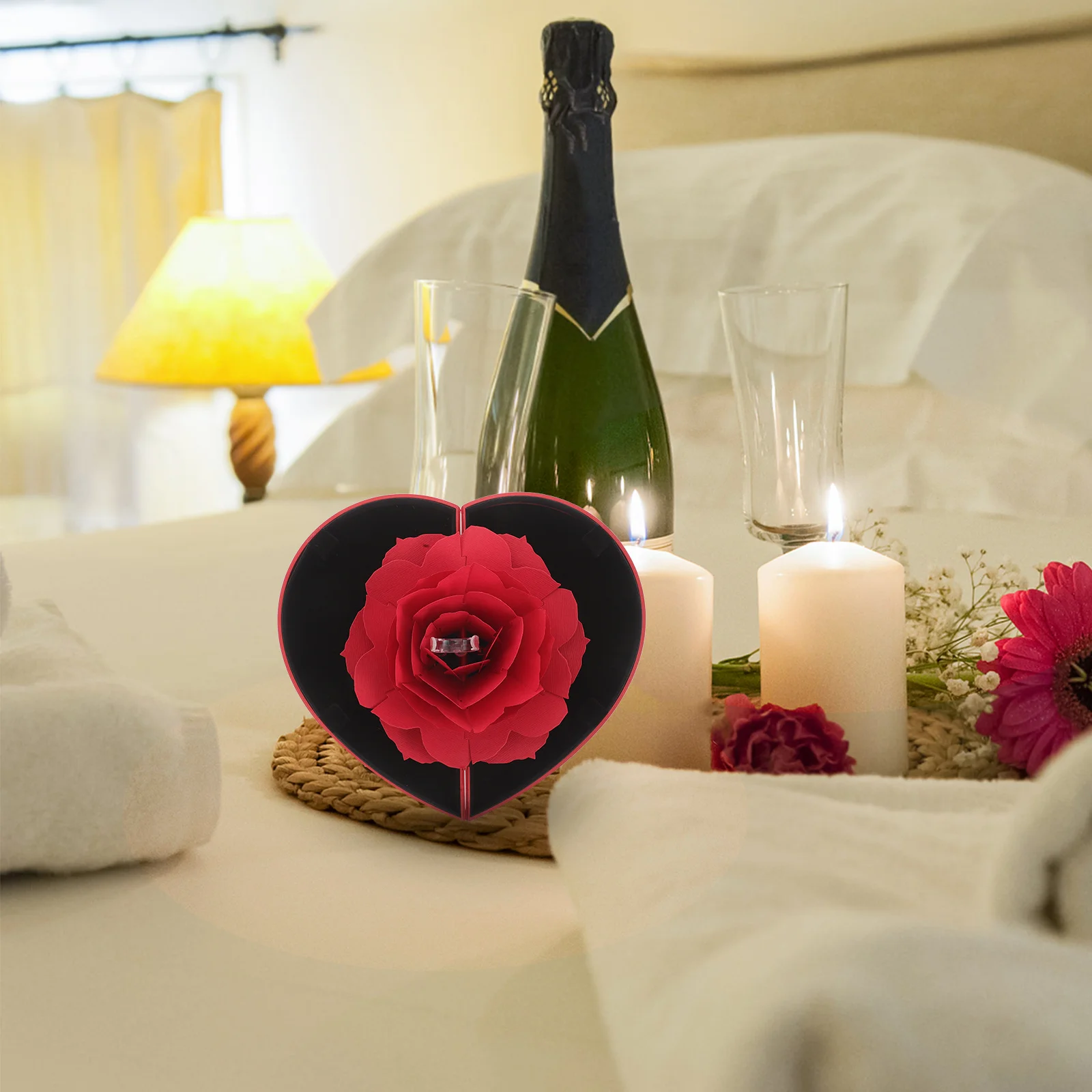 

Коробка для колец в форме сердца на День Святого Валентина, вращающийся цветок розы, помолвка, свадебное предложение, чехол для хранения ювелирных изделий, подарок