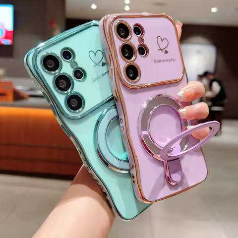 Wave Plating Side Love Heart Phone Case For Samsung Galaxy S25 Ultra S24 S23 S22 A16 A55 Protect Lens Shockproof Back Cover