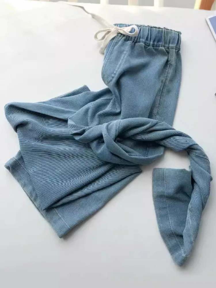 Summer Lyocell Soft Wide Leg Jeans Women Drawstring High-Waisted Loose Lightweight Wide-Leg Pants