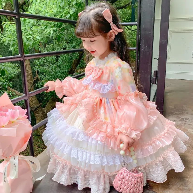 Baby Girls Spring Autumn Sweet Lolita Lace Floral Princess Ball Gown Pink Bow Gauze Dress Birthday Holiday Party Children Eid