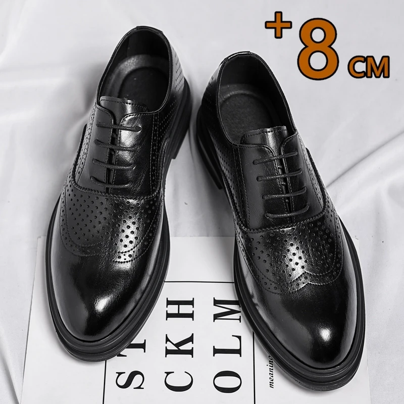 Spring Summer Men Hollow Platform High Heel 6/8 CM Height Growth Formal Men Derby Leather Shoes Man Wedding Dress Elevator Shoes