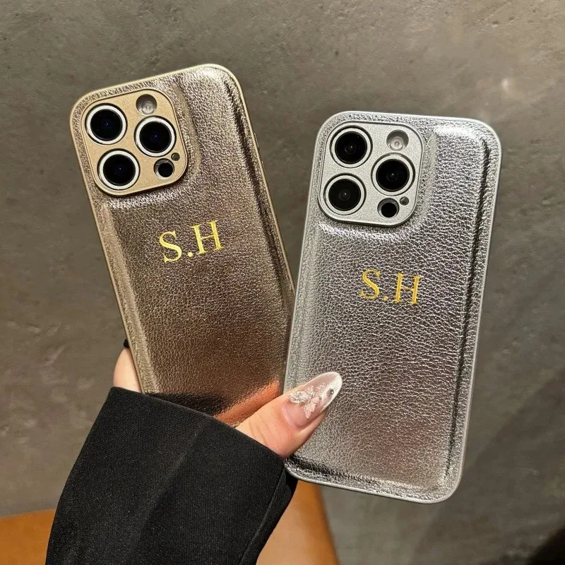 Personalisieren Sie Gold-Silber-Anfangsbuchstaben-Leder-PU-Soft-Case für iPhone 16 14 13 15 Pro Max 12 11 Pro Max 16 Plus Luxus-Covers