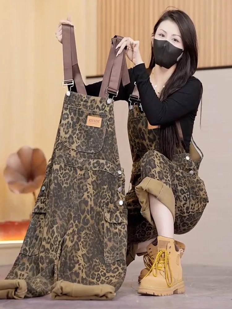 

Джинсовые комбинезоны большого размера с высокой талией и леопардовым принтом, широкие джинсы, новые женские брюки, модные весенне-летние 2025