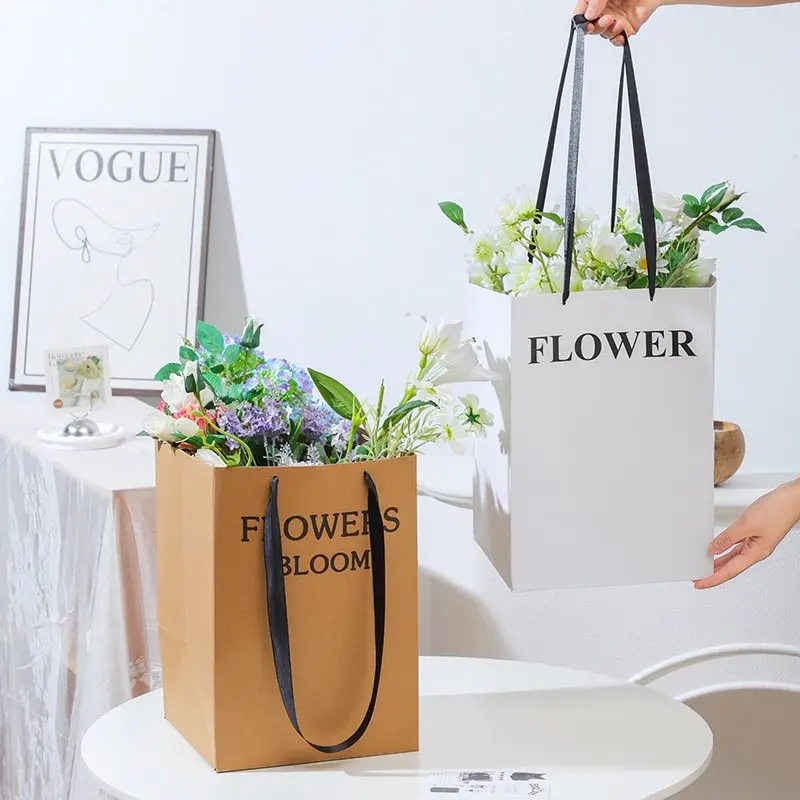 Commemorative Day Large Rectangular Packaging Gift Bag Cow Leather White Handbag Valentine's Day Floral Bouquet Gift Flower Bag